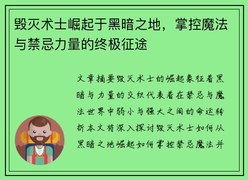 毁灭术士崛起于黑暗之地，掌控魔法与禁忌力量的终极征途